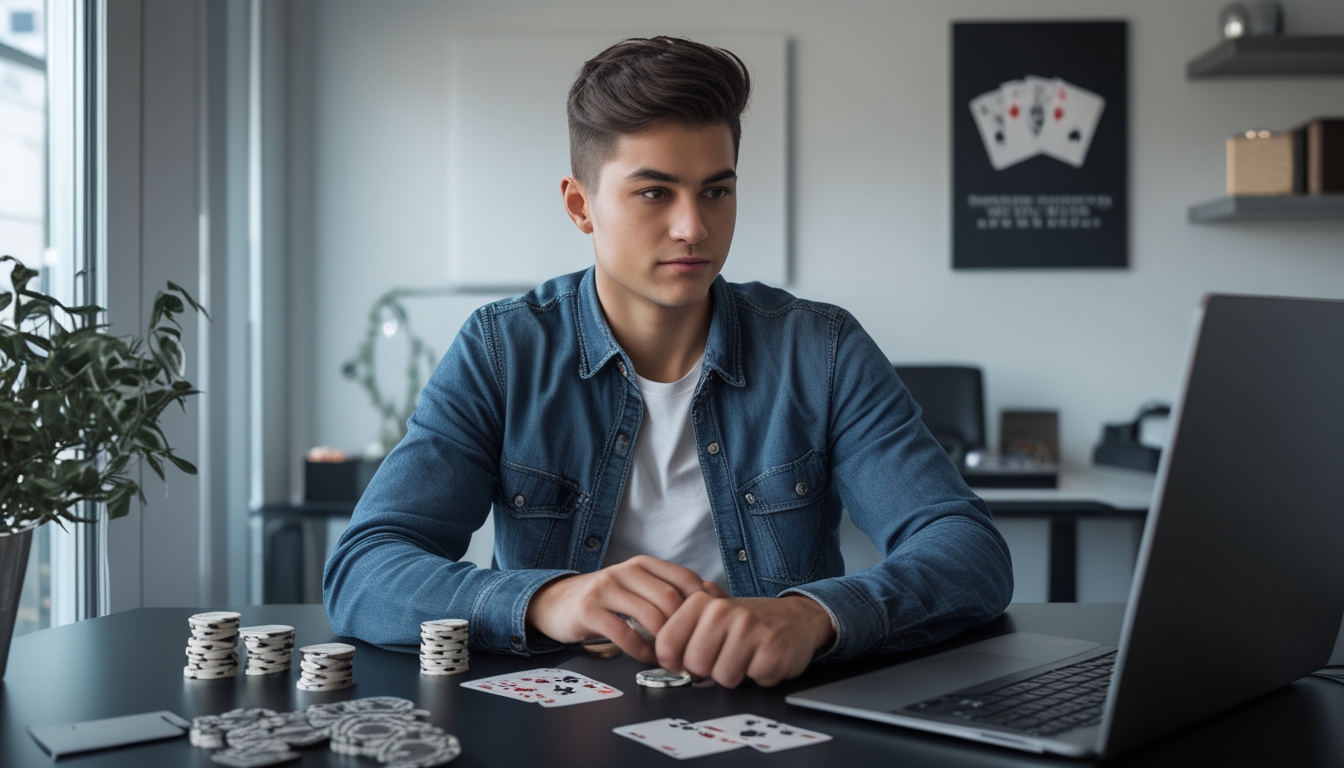Seorang dewasa muda duduk di meja modern dengan laptop dan chip poker, fokus bermain poker online di ruang kerja yang rapi.