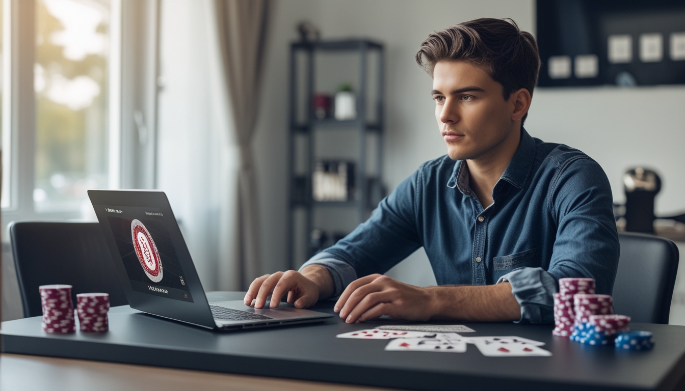 Seorang pria muda duduk di depan laptop dengan layar permainan poker online, dikelilingi oleh kartu remi dan chip poker di meja.