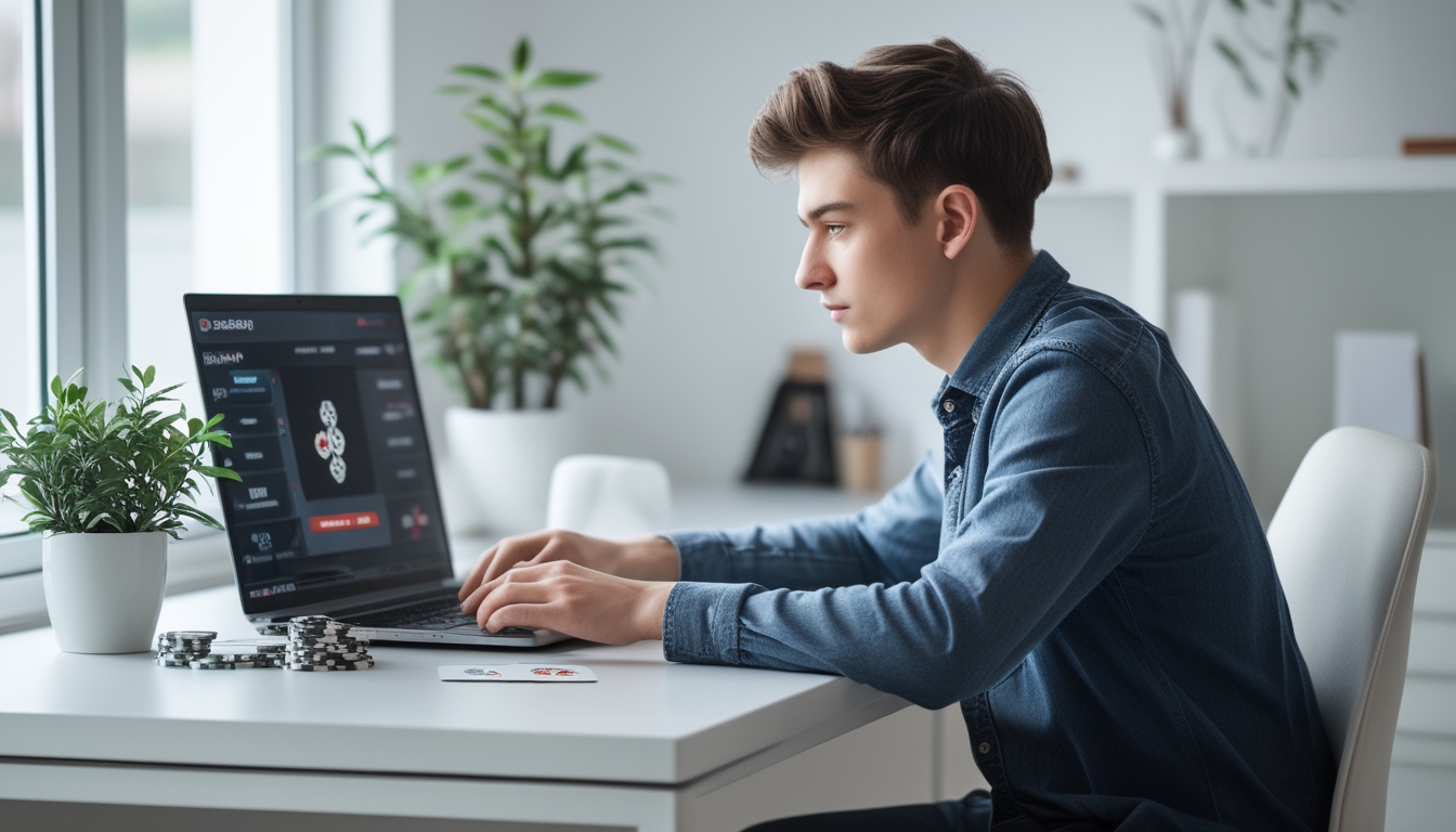 Seorang dewasa muda duduk di meja dengan laptop yang menampilkan permainan poker online, terlihat fokus dan serius dalam suasana kantor rumah yang rapi.