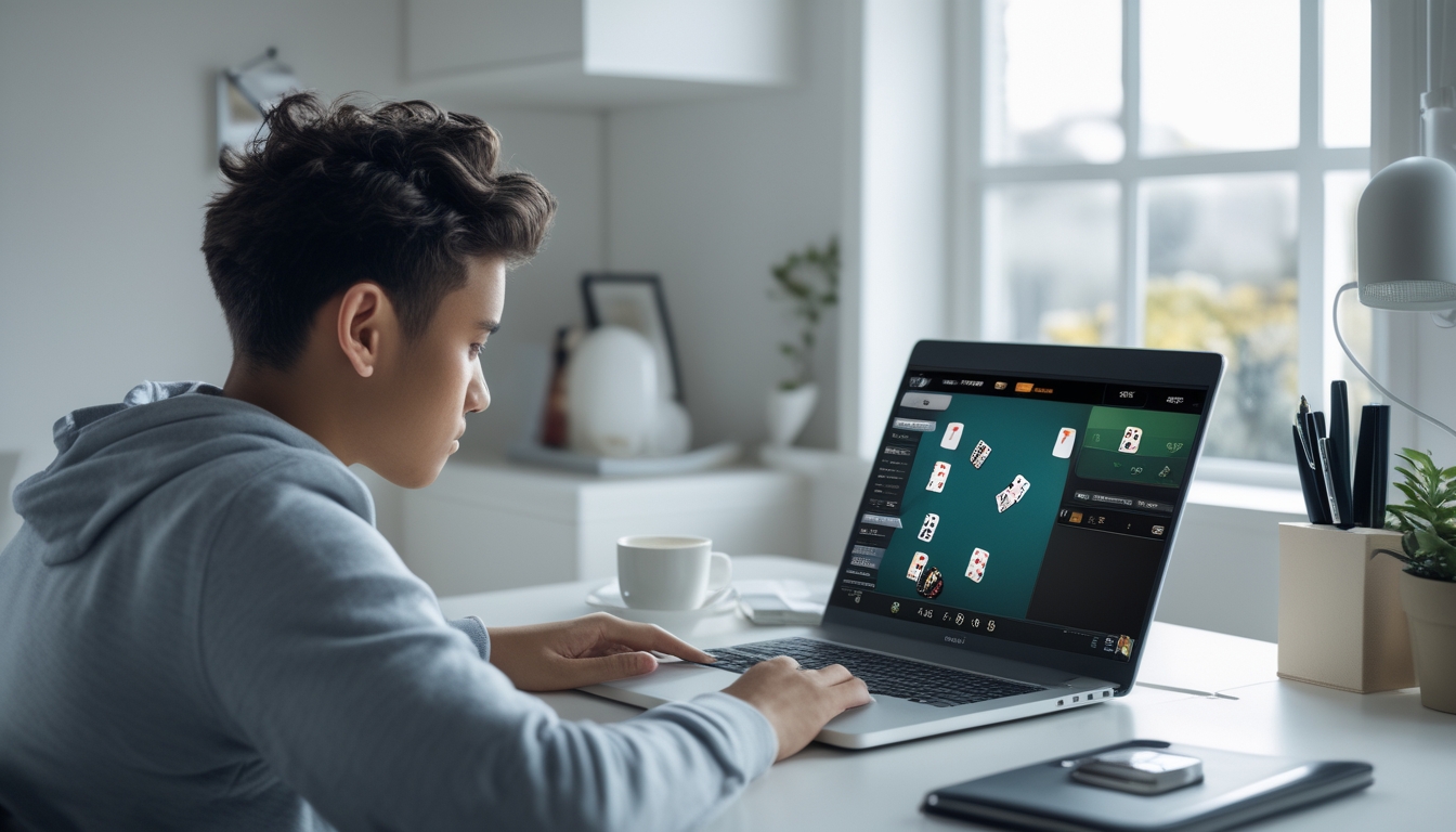 Seorang dewasa muda duduk di meja dengan laptop yang menampilkan permainan poker online, terlihat fokus belajar di ruang kerja rumah yang terang.