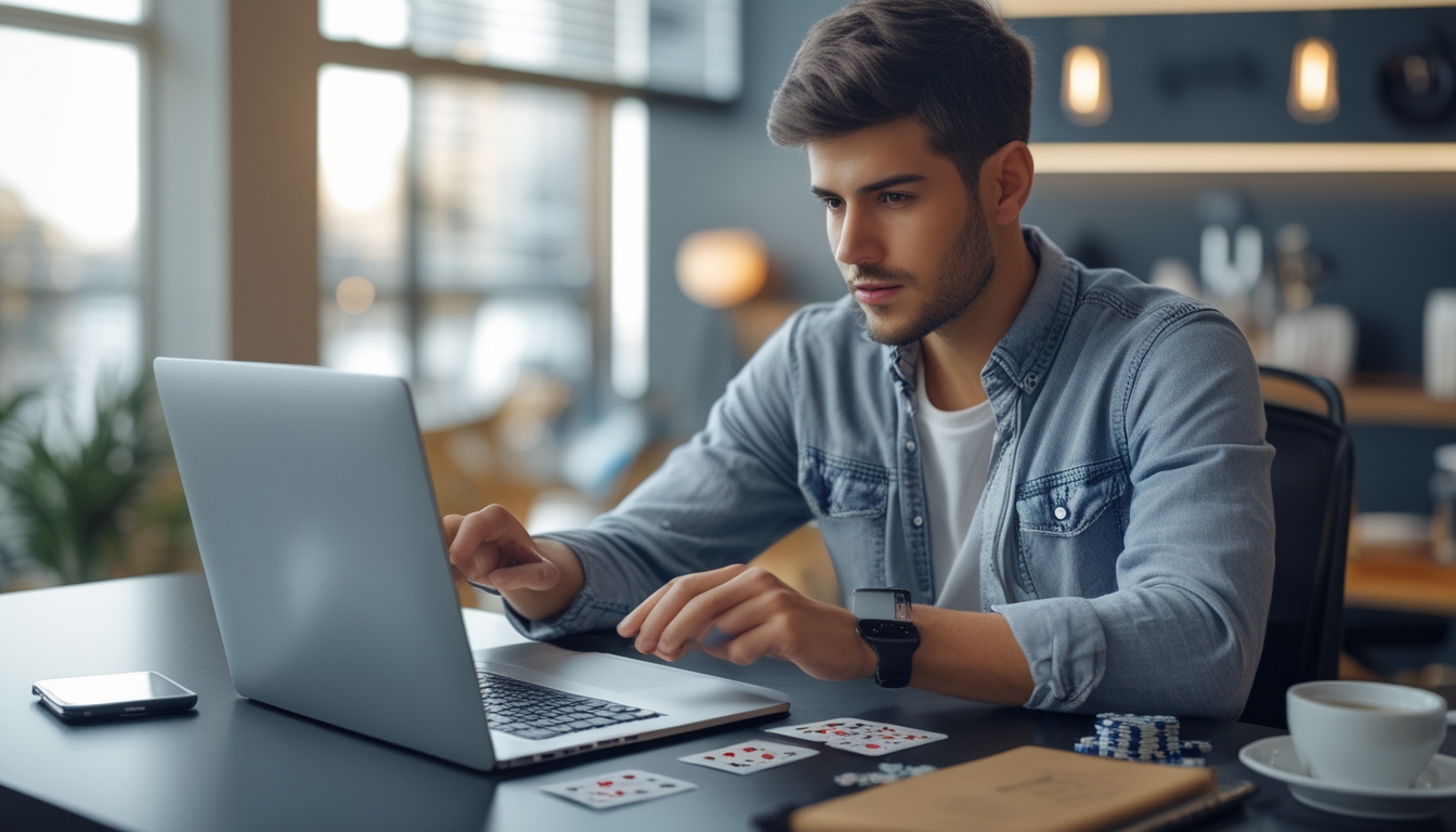 Seorang dewasa muda duduk di meja dengan laptop, fokus bermain poker online dengan chip dan catatan di dekatnya.