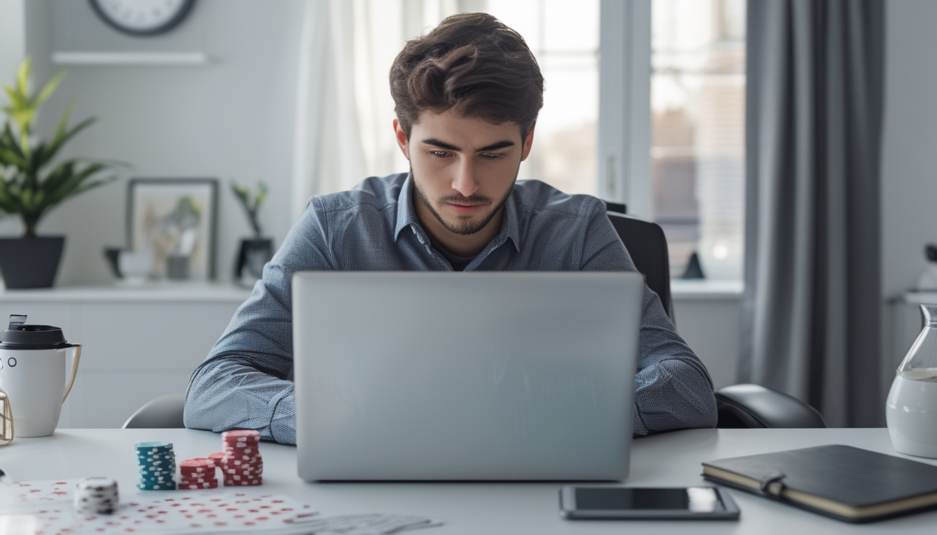 Seorang dewasa muda duduk di meja kerja dengan laptop dan perlengkapan poker, sedang mempersiapkan diri untuk daftar poker online.