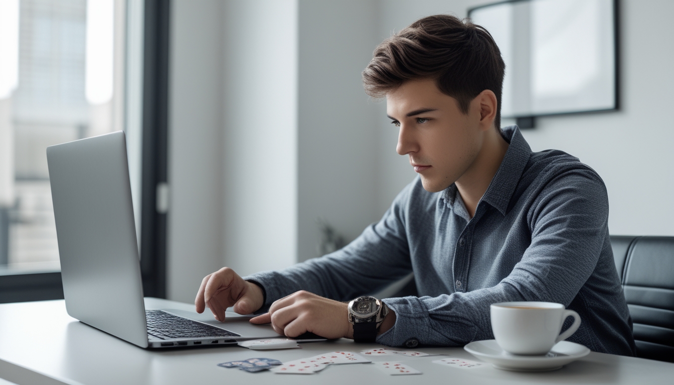 Seorang pria muda duduk di meja dengan laptop, memperhatikan permainan poker online dengan serius, di ruangan terang dan rapi.