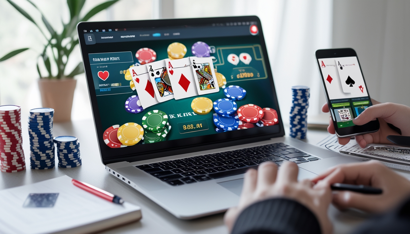 Seorang pemula bermain poker online di laptop dengan chip poker dan kartu di meja di ruang belajar yang terang.