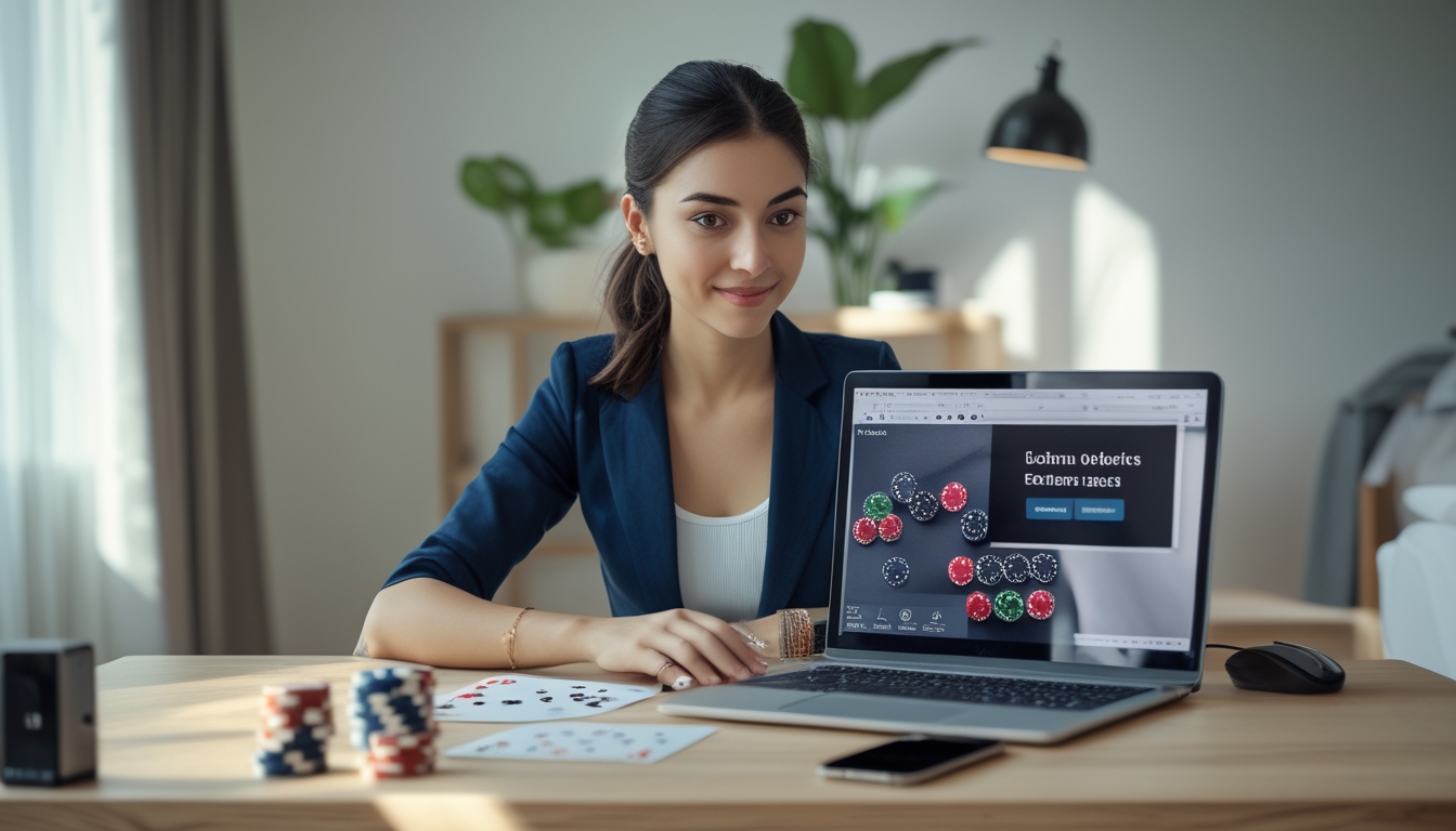 Seorang wanita muda duduk di meja dengan laptop, kartu poker, dan chip, fokus bermain poker online.