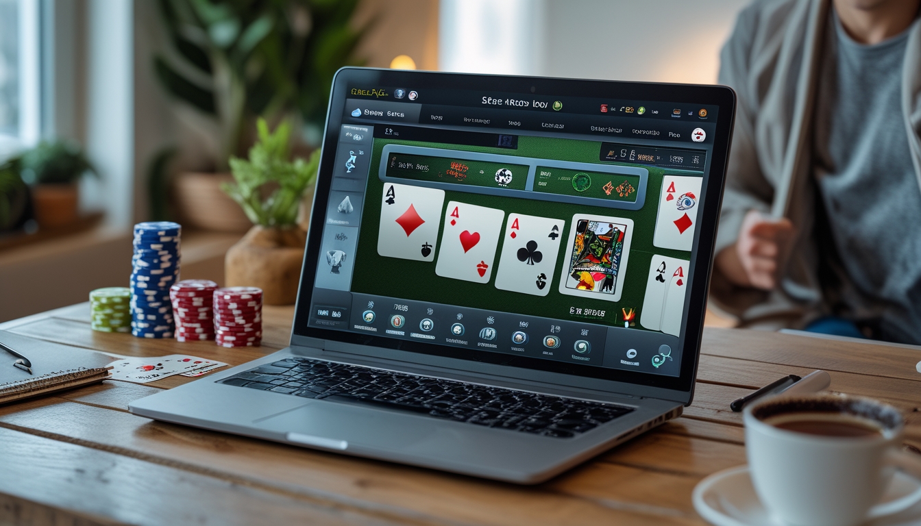 Seorang pemuda sedang bermain poker online di laptop dengan chip poker dan kartu di atas meja kayu di sebuah ruangan yang nyaman.