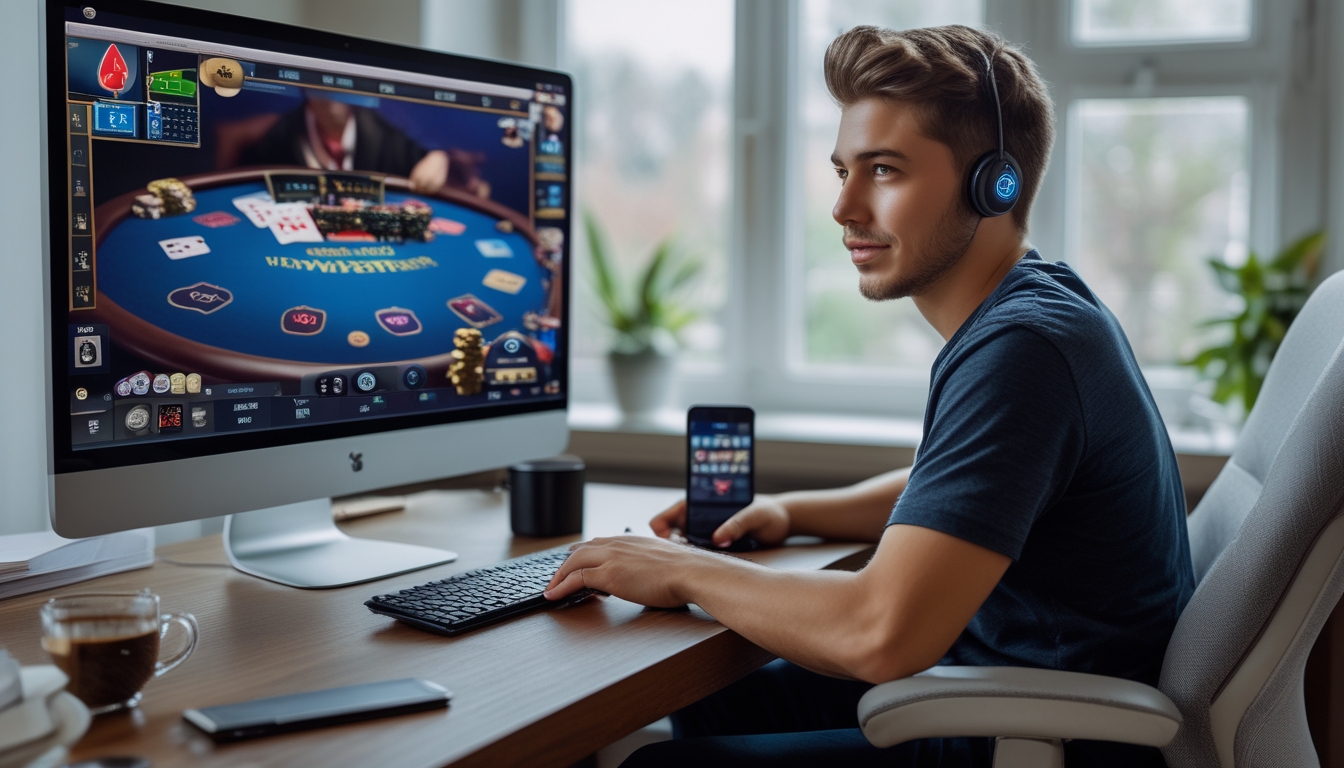 Seorang dewasa muda duduk di meja kerja dengan komputer menampilkan permainan poker online, tampak fokus dan serius dalam suasana ruangan yang terang dan nyaman.