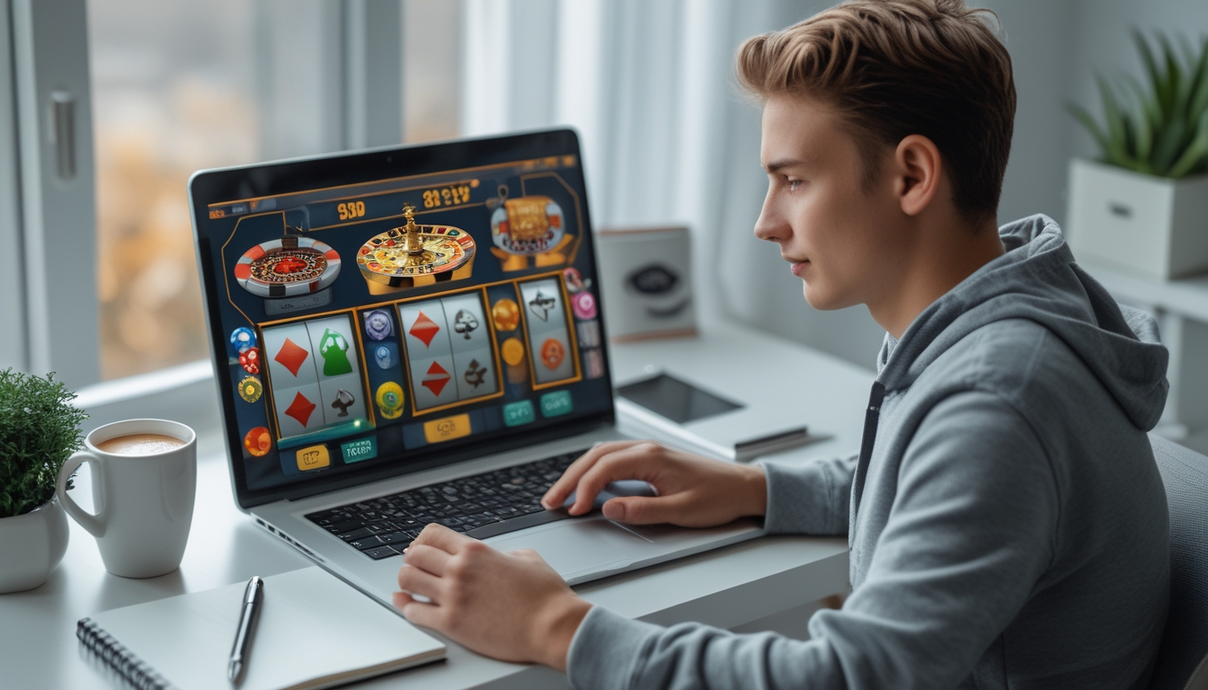 Seorang pemula duduk di meja dengan laptop yang menampilkan permainan kasino online, terlihat fokus dan percaya diri, dengan catatan dan suasana nyaman di sekitar.