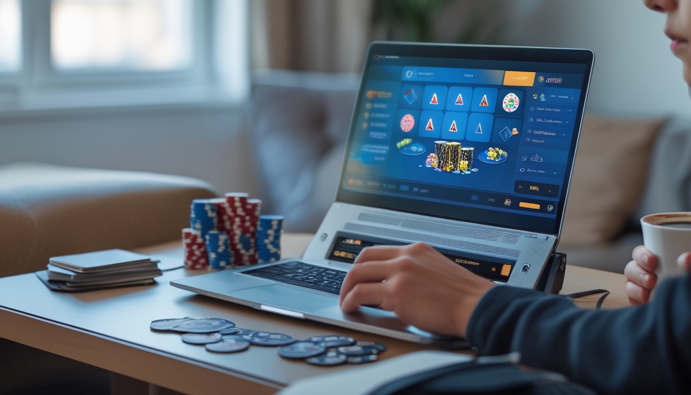 Seorang pemula bermain kasino online di laptop di ruang modern dengan chip poker dan kartu di meja.