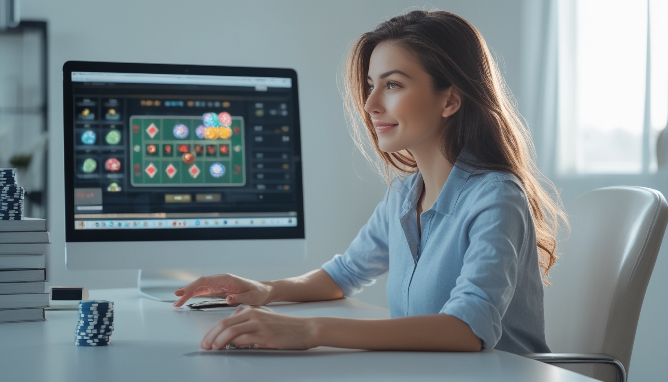Seorang wanita muda duduk di depan laptop dengan layar permainan kasino online, di meja terdapat chip poker dan kartu remi, menunjukkan suasana bermain kasino online dengan modal kecil.