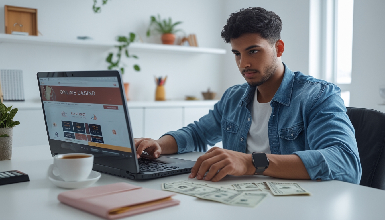 Seorang dewasa muda duduk di meja kerja modern menggunakan laptop dengan situs kasino online, di meja terdapat kalkulator, catatan keuangan, dan uang tunai.