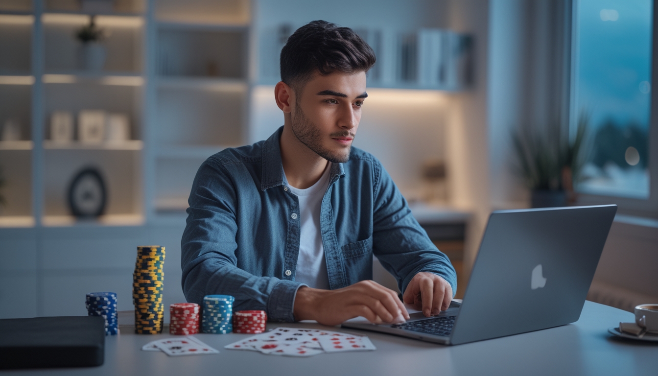 Seorang pemain muda duduk di meja modern dengan laptop terbuka, fokus bermain permainan kasino online dengan chip dan kartu di dekatnya.