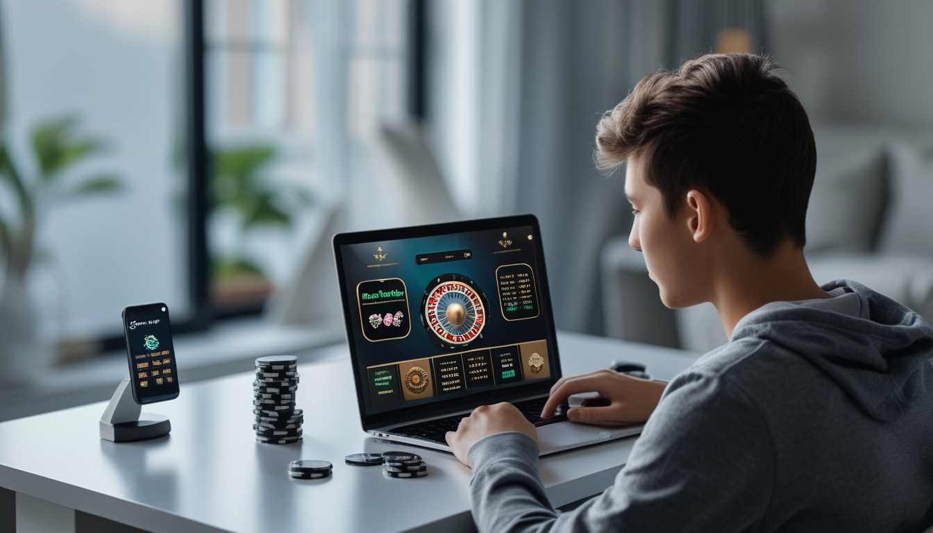 Seorang pemain muda duduk di depan laptop di ruang kerja rumah, fokus bermain permainan kasino online dengan chip poker dan ponsel di meja.