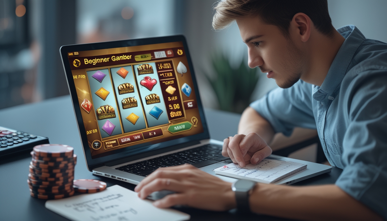 Seorang pria muda duduk di depan laptop dengan tampilan kasino online, dikelilingi chip poker, kalkulator, dan catatan, menunjukkan suasana belajar bermain kasino dengan modal terbatas.