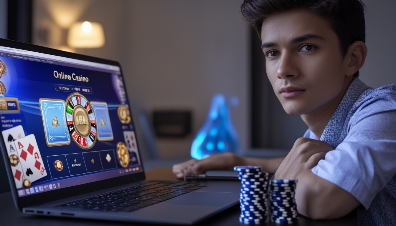 Seorang pemula sedang fokus bermain kasino online di laptop dengan chip poker dan catatan di meja.