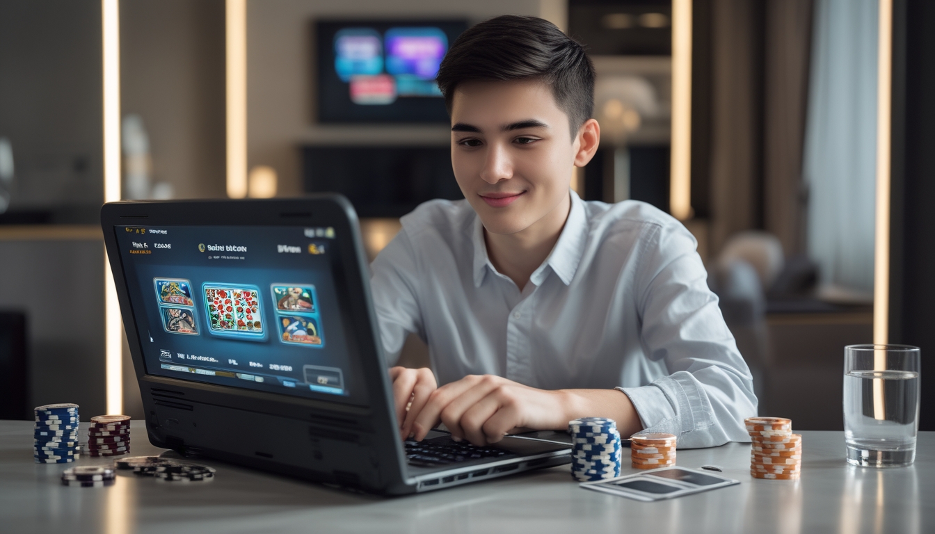 Seorang pemain muda yang percaya diri sedang bermain kasino online di laptop dengan tumpukan chip poker kecil di meja.