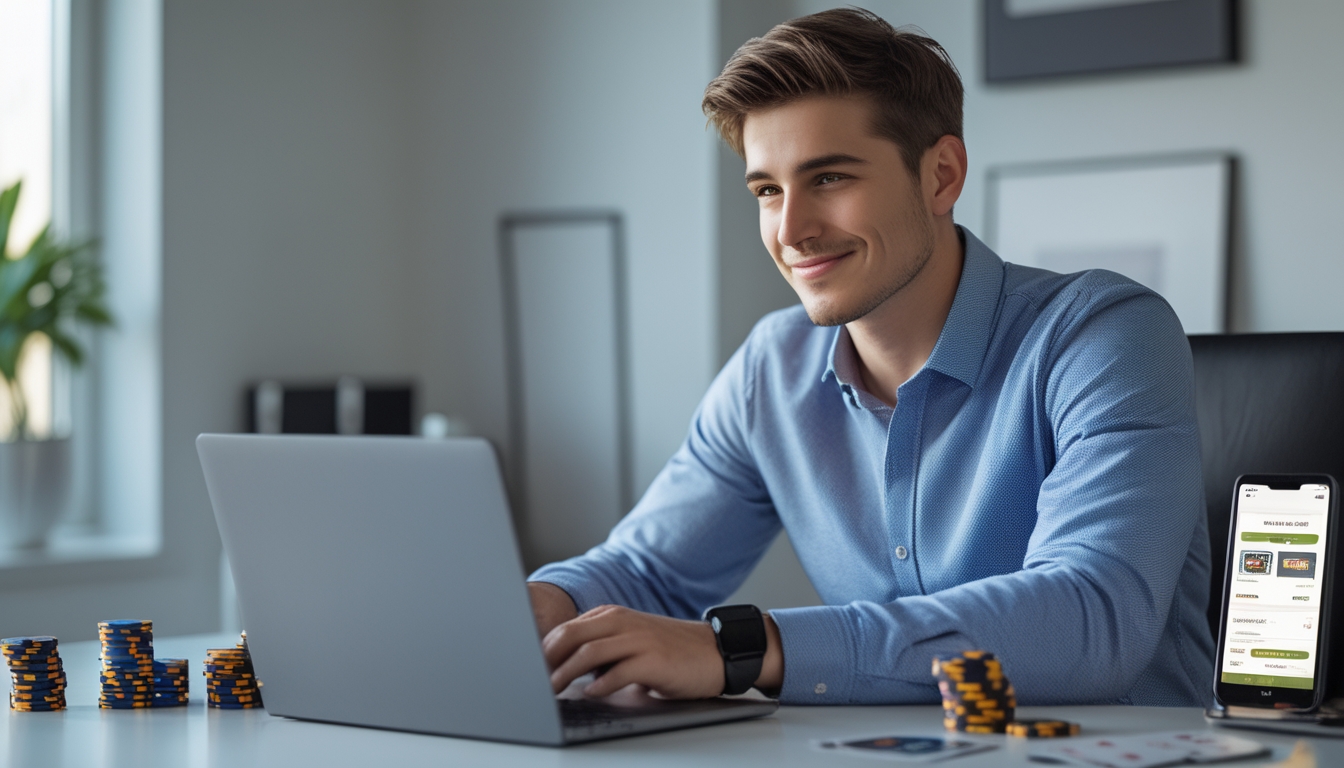 Seorang pria muda duduk di depan laptop dengan layar permainan kasino online, terlihat fokus dan percaya diri di ruang kerja rumah yang rapi.