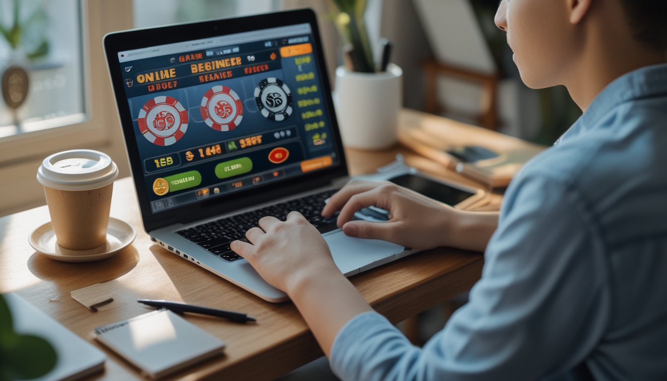 Seorang pemula bermain kasino online dengan laptop di meja kerja di rumah, terlihat fokus dan tenang, dengan catatan anggaran kecil di sampingnya.