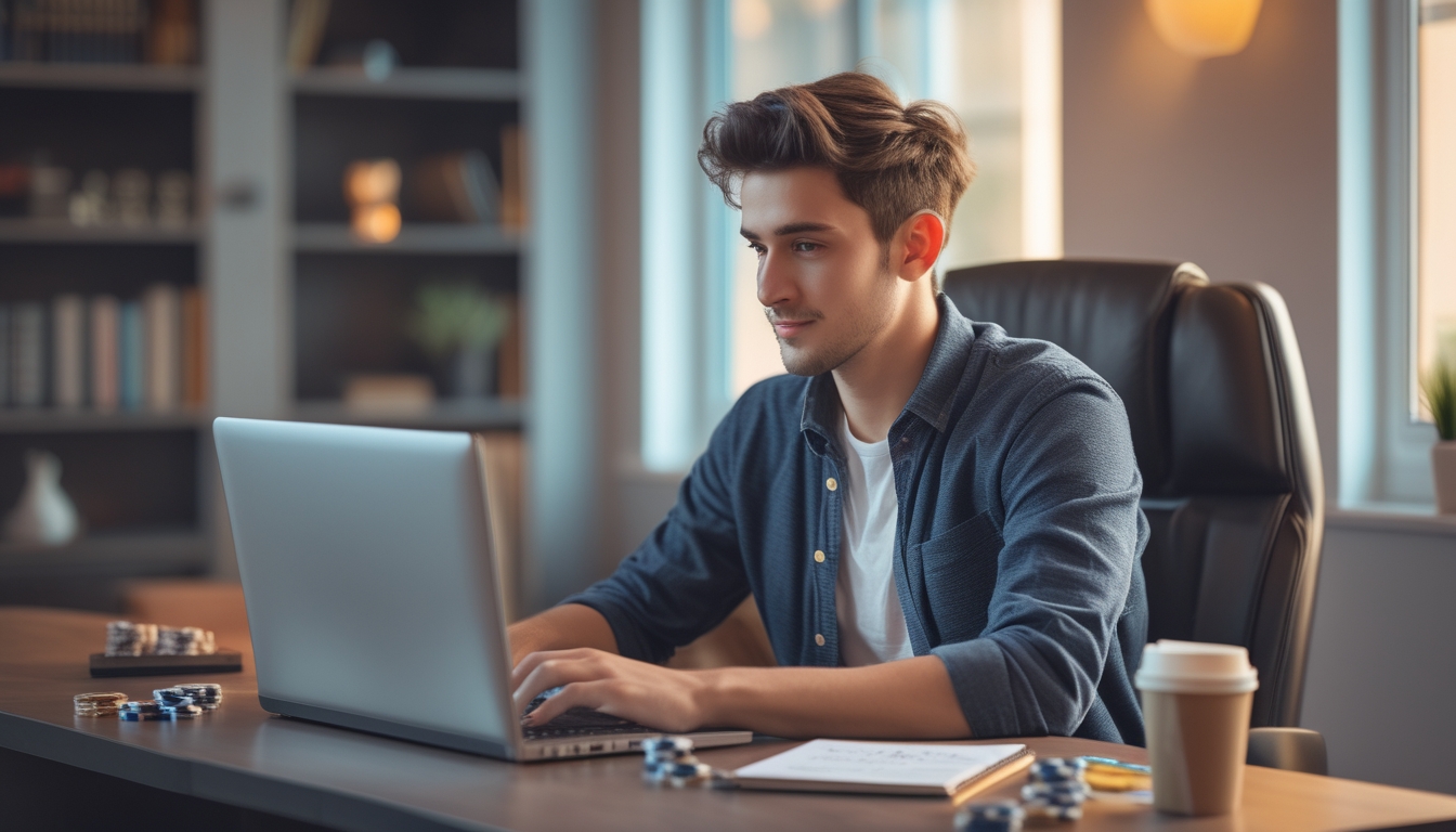 Seorang pria muda duduk di meja dengan laptop dan beberapa perlengkapan bermain kasino online, tampak fokus dan tenang di ruangan rumah yang nyaman.