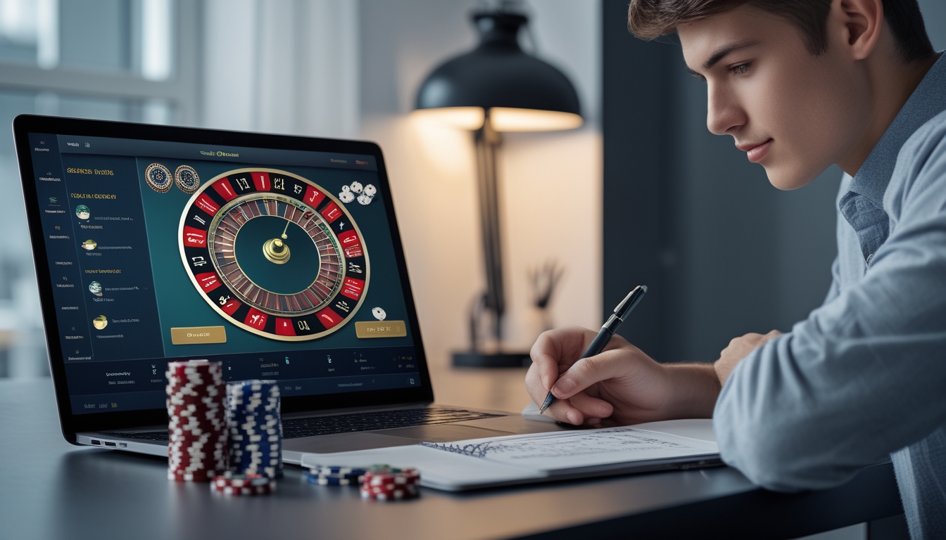 Seorang dewasa muda duduk di meja dengan laptop yang menampilkan permainan kasino online, dikelilingi chip poker dan catatan pengelolaan modal.