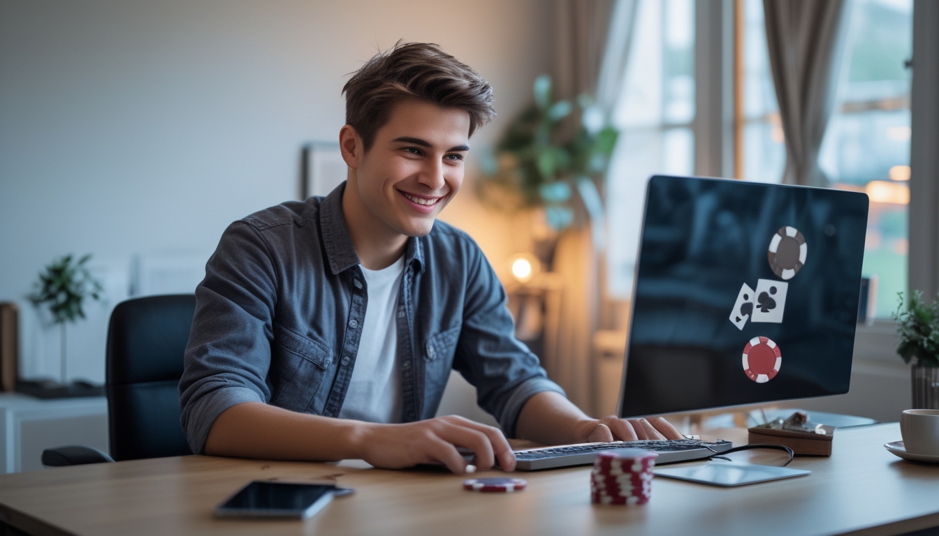 Seorang pemain muda tersenyum fokus di depan laptop dengan elemen kasino online di sekitarnya.