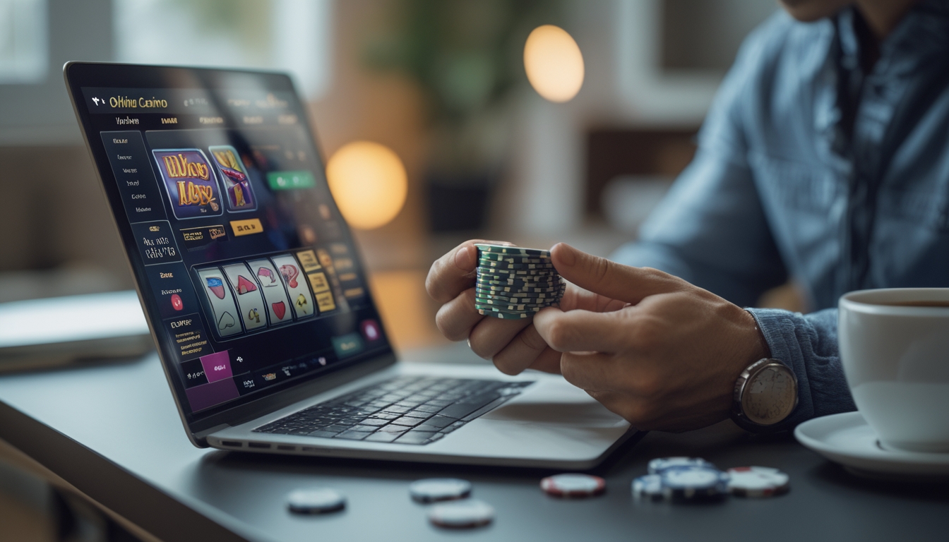 Seorang pria duduk di meja dengan laptop terbuka menampilkan permainan kasino online, memegang beberapa chip poker kecil dengan ekspresi fokus dan santai di ruang tamu yang nyaman.