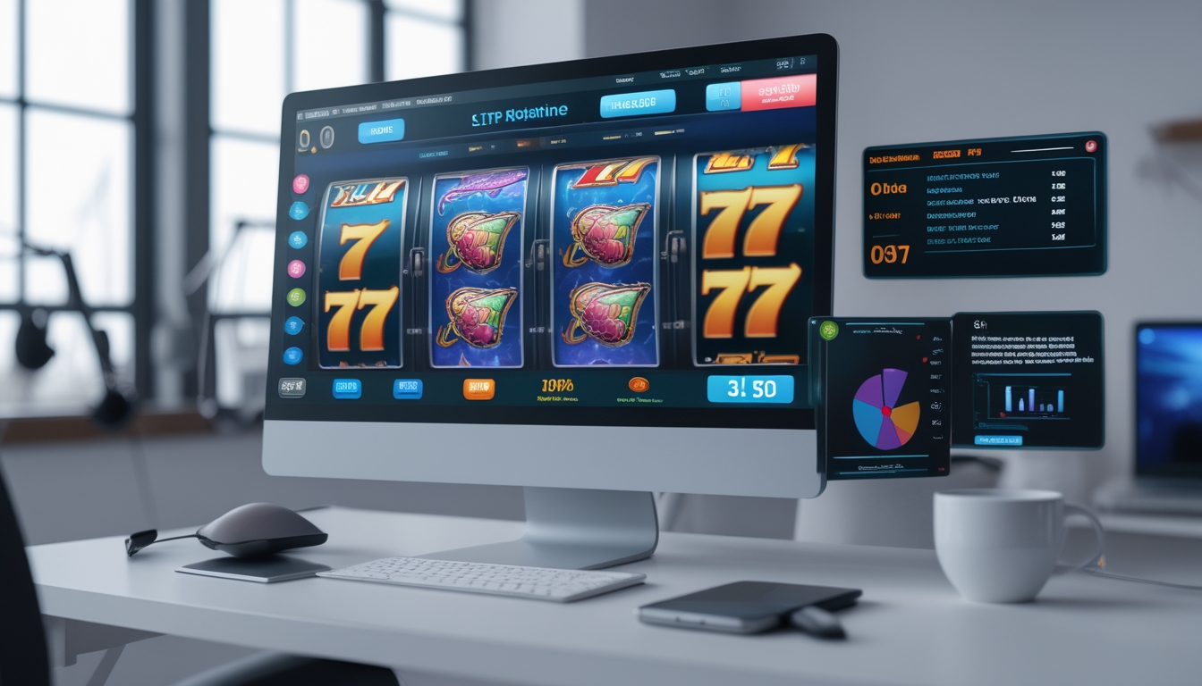Seorang pria duduk di depan komputer dengan layar menampilkan permainan slot online dan grafik yang menunjukkan persentase RTP, di ruang kerja yang rapi.