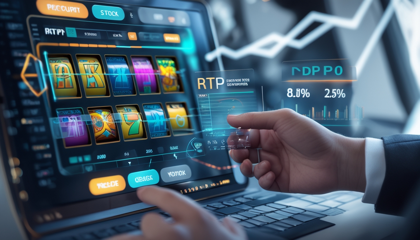 Antarmuka digital mesin slot online dengan grafik RTP dan tangan yang berinteraksi dengan perangkat layar sentuh.