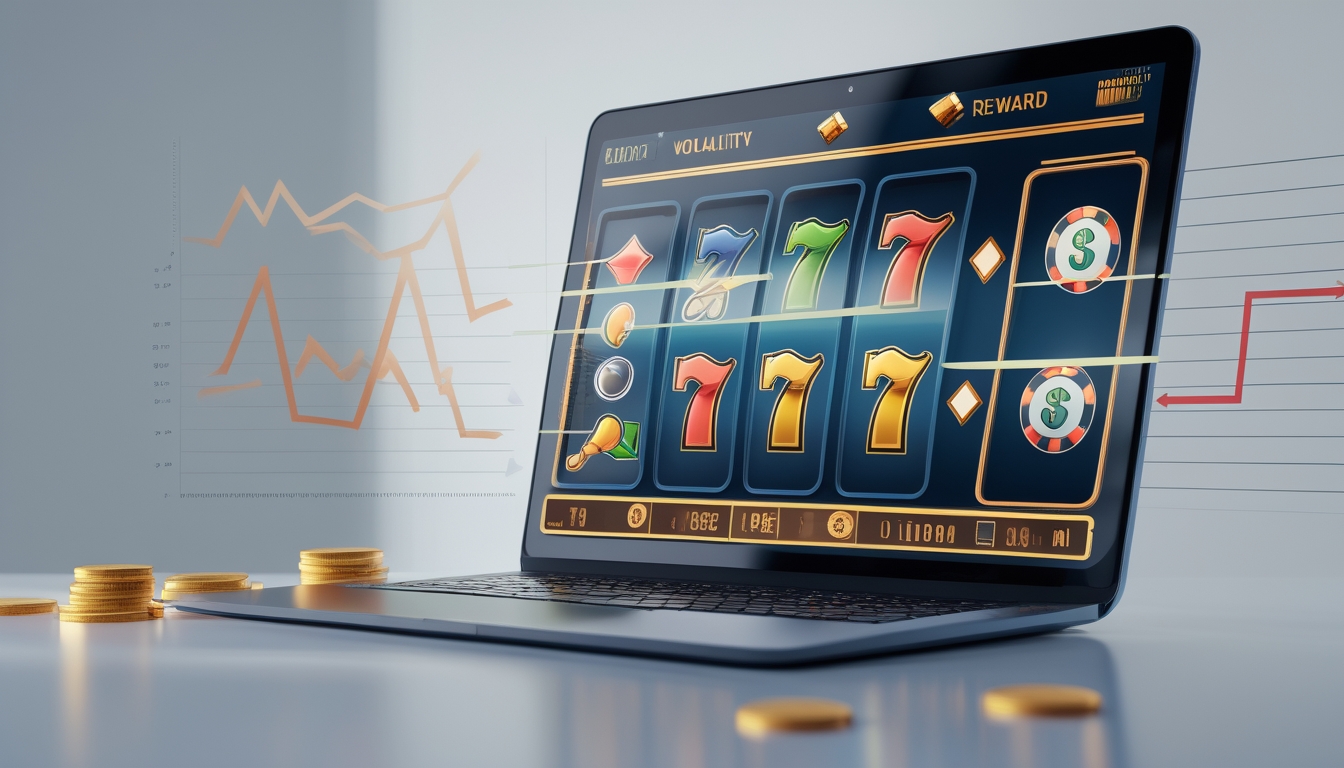 Layar komputer menampilkan mesin slot online dengan simbol berwarna cerah, dikelilingi oleh grafik dan koin yang melambangkan risiko dan hadiah.