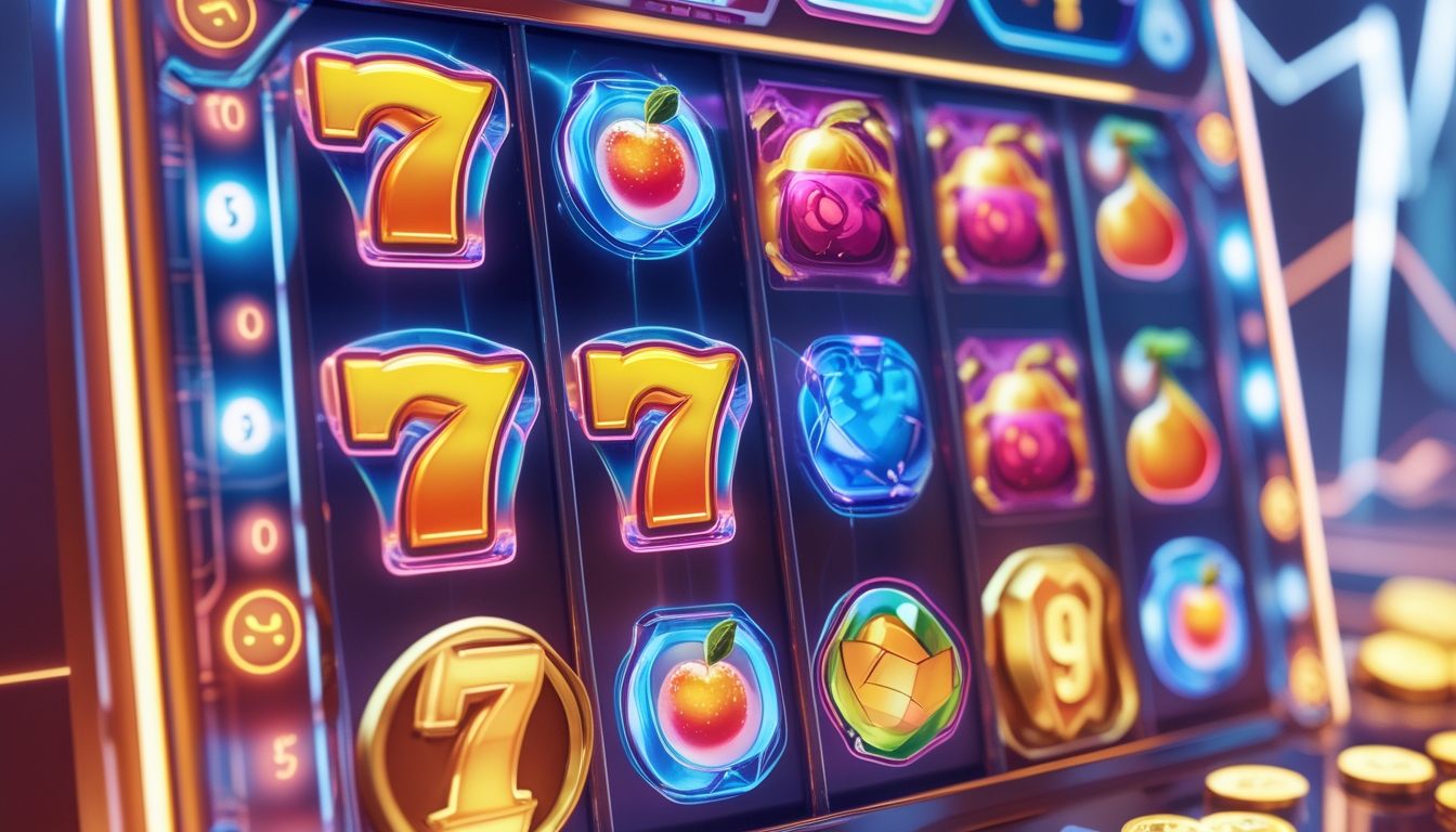 Antarmuka digital mesin slot online dengan gulungan berwarna-warni dan grafik yang menunjukkan risiko dan hadiah.