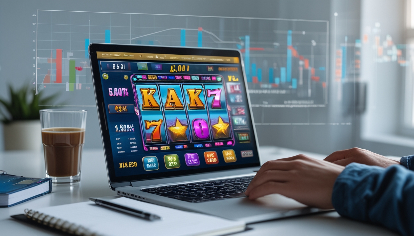 Seorang pengguna laptop sedang melihat permainan slot online dengan grafik dan alat tulis di meja kerja.