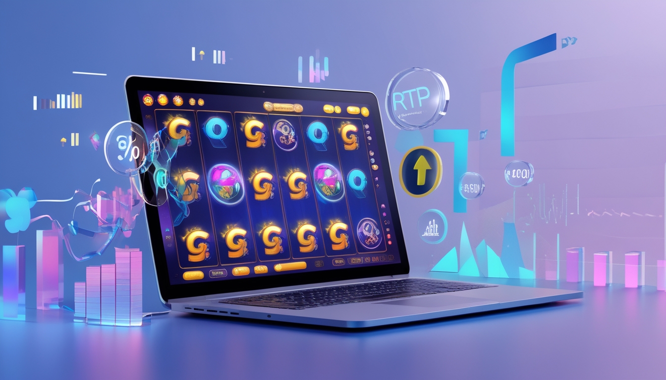 Layar komputer menampilkan permainan slot online dengan grafik dan simbol warna-warni, dikelilingi oleh grafik dan data keuangan yang melayang.