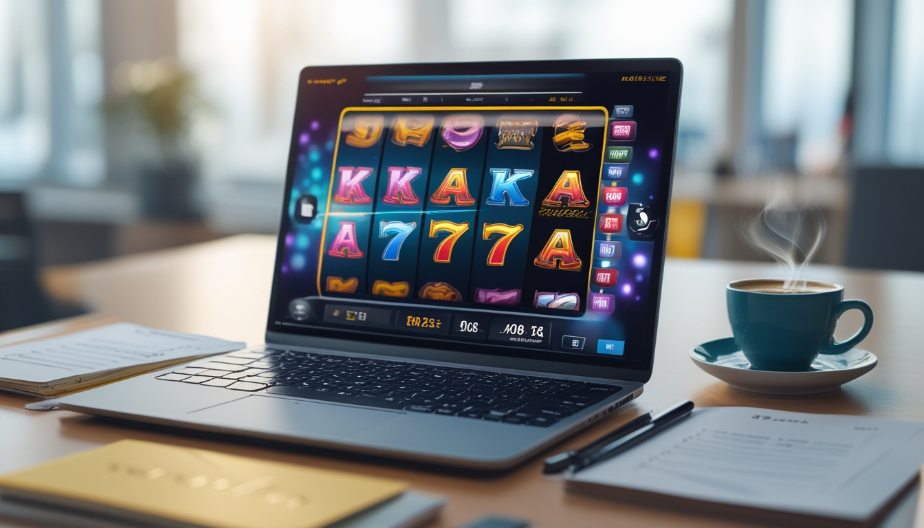Seorang pengguna duduk di depan laptop dengan tampilan mesin slot online di layar, di meja terdapat catatan dan secangkir kopi, di ruang kerja yang terang dan rapi.