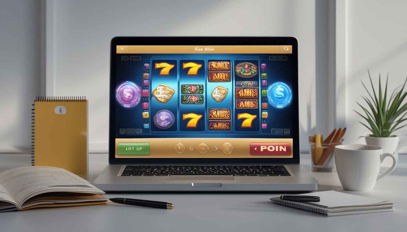 Seseorang menggunakan komputer dengan tampilan permainan slot online di layar, dikelilingi oleh buku catatan dan kopi di atas meja.