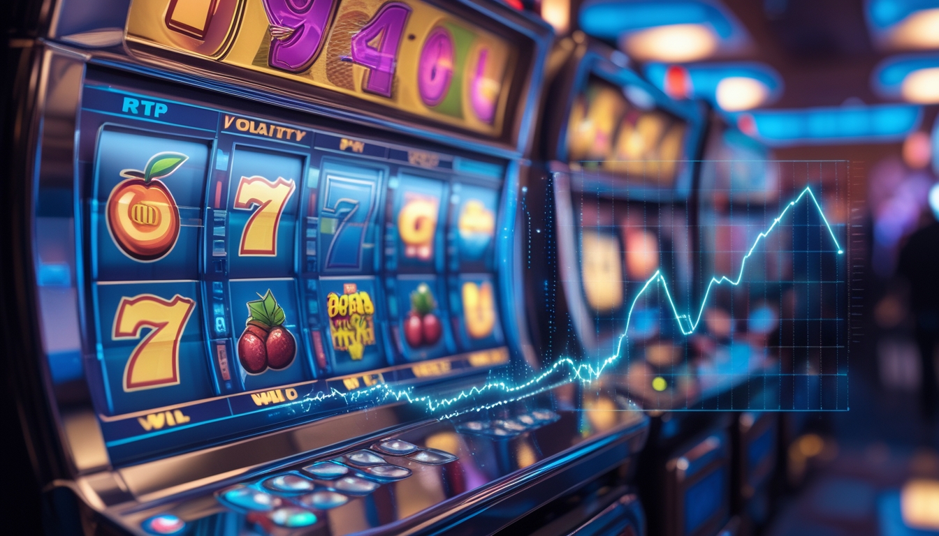 Antarmuka digital modern dengan gulungan mesin slot berwarna-warni dan grafik data yang menunjukkan hubungan antara RTP dan volatilitas.