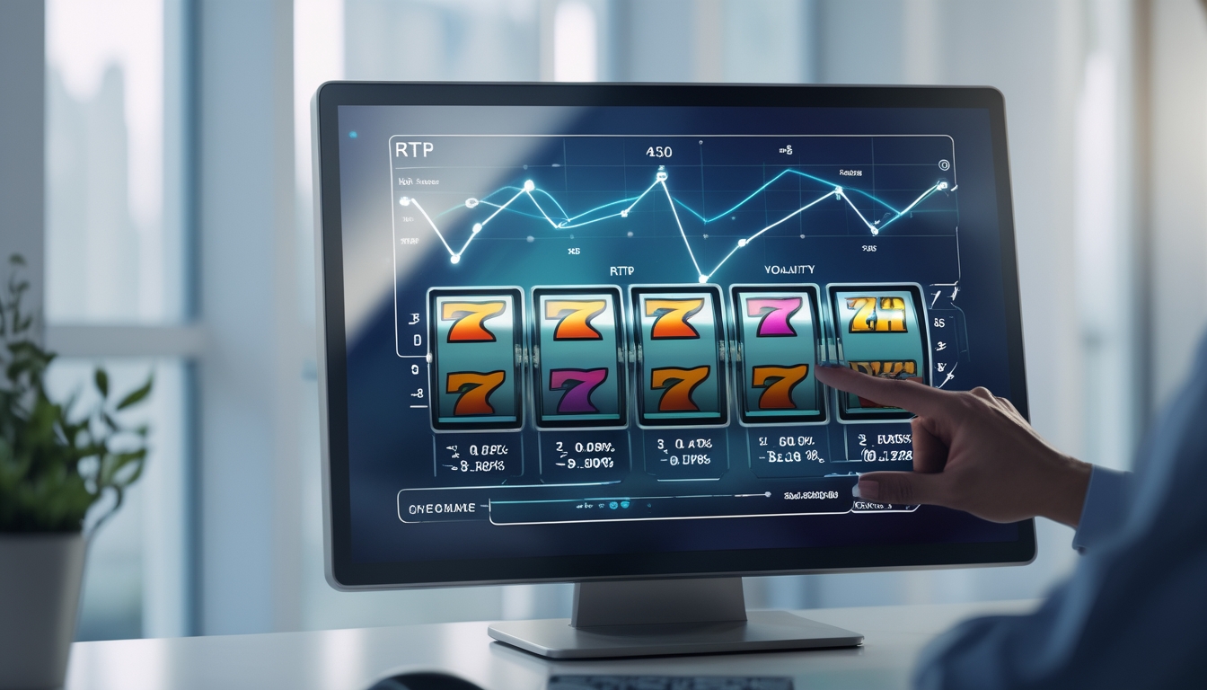 Tangan yang fokus menyentuh layar sentuh dengan tampilan mesin slot digital dan grafik data di latar belakang dalam lingkungan kantor modern.