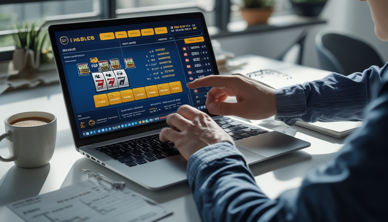 Seseorang sedang menggunakan laptop dengan grafik permainan slot dan data statistik di meja kerja yang rapi.