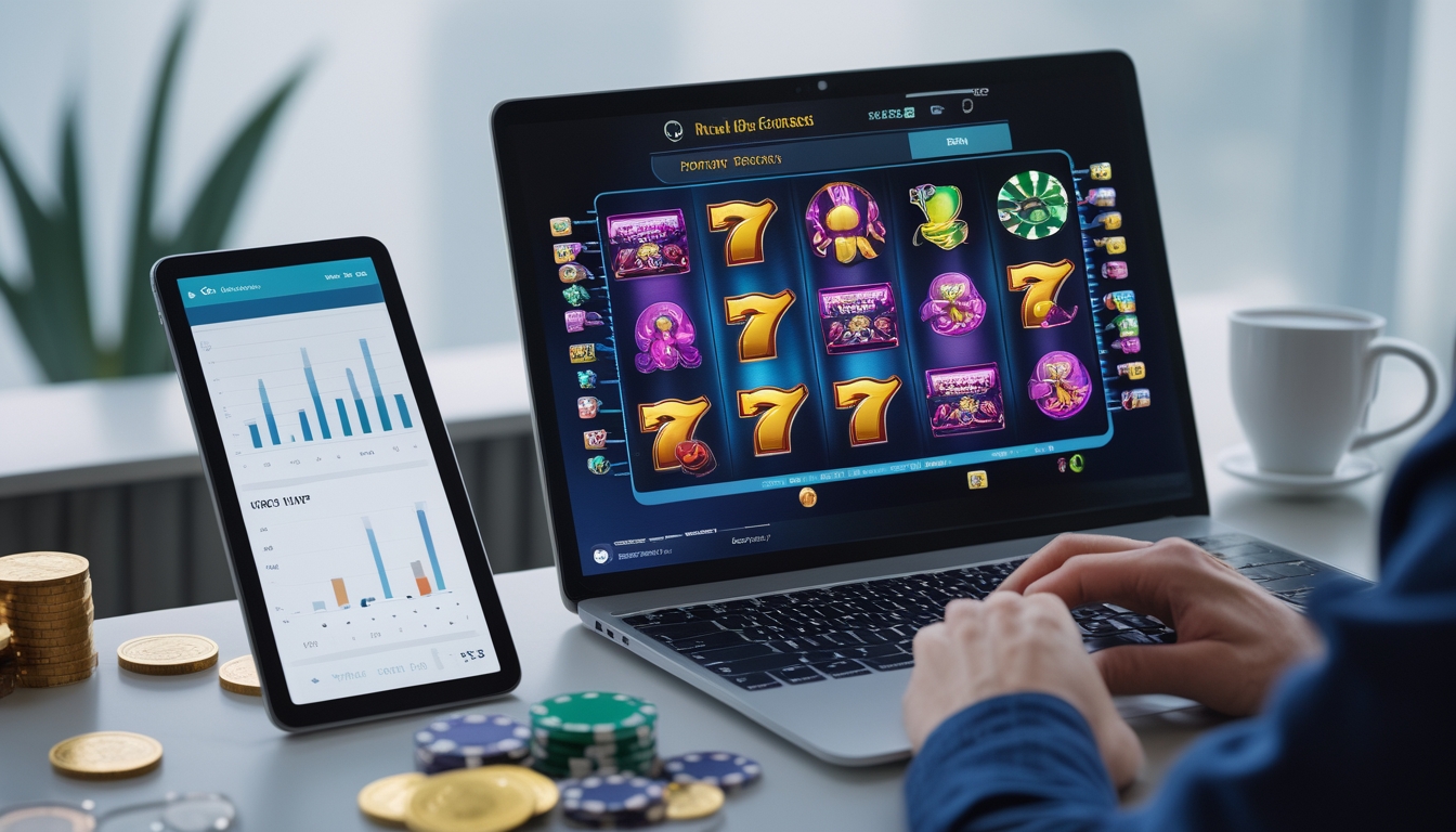 Seorang pengguna sedang menganalisis data RTP pada perangkat digital dengan latar belakang mesin slot online di ruang kerja yang rapi.