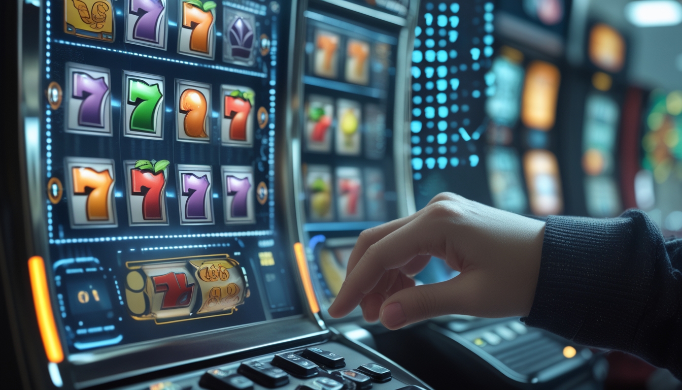 Gambar close-up mesin slot modern dengan gulungan berputar berwarna-warni dan aliran kode biner di latar belakang, menunjukkan proses RNG dalam permainan slot online.