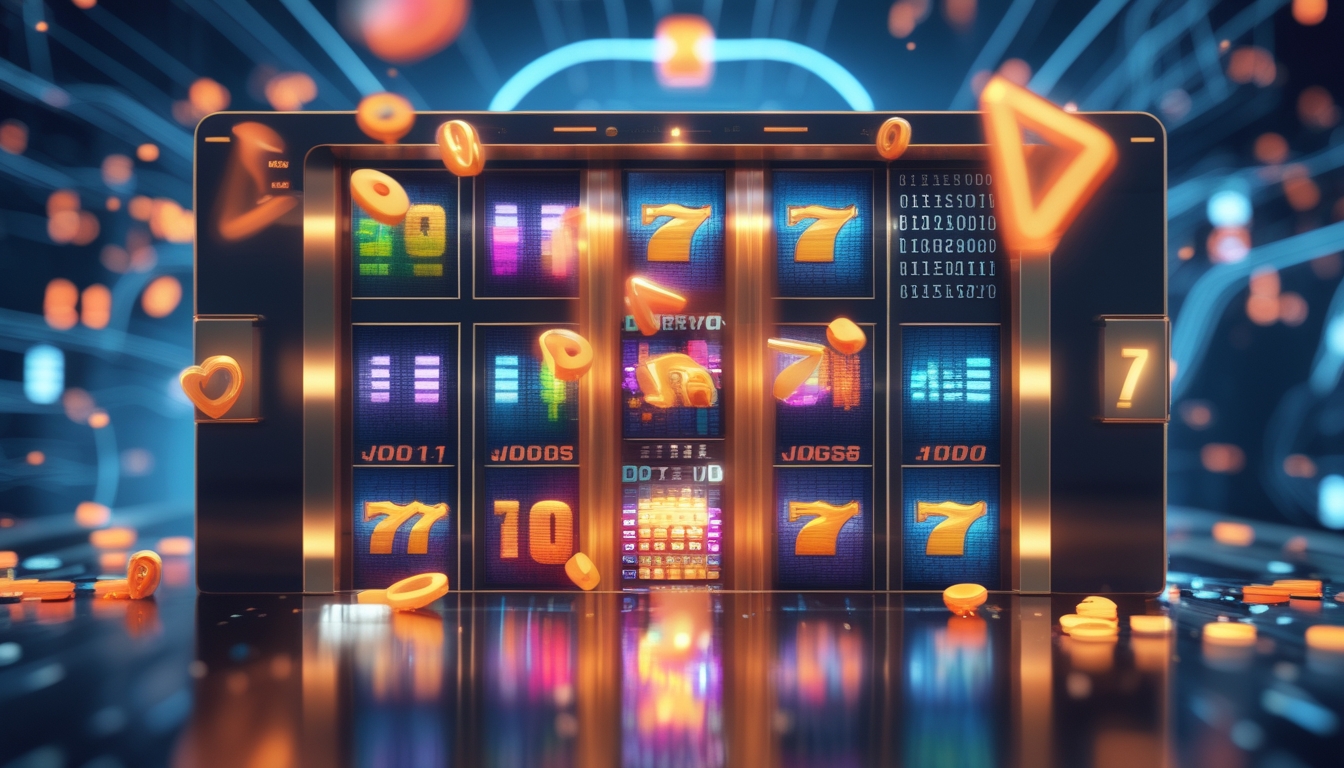 Mesin slot digital dengan gulungan berwarna-warni dan angka acak mengambang di sekitarnya yang menggambarkan sistem RNG dalam permainan slot online.