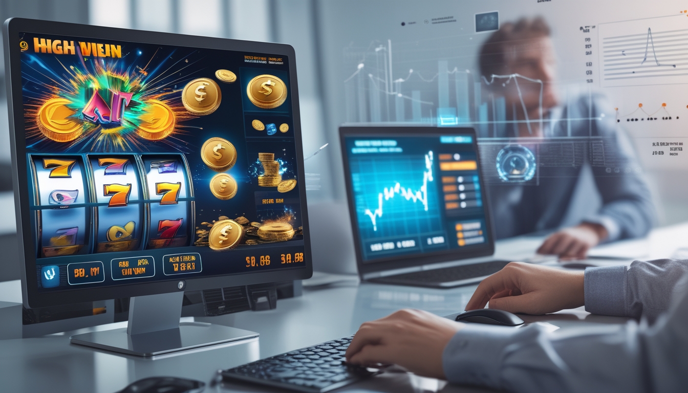 Seorang profesional sedang menganalisis perbedaan volatilitas tinggi dan rendah pada permainan slot online di depan layar komputer dengan grafik dan ikon koin.