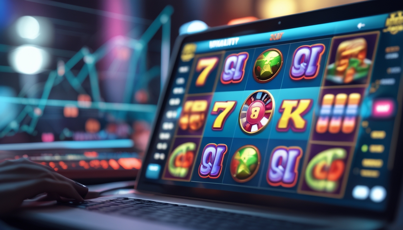 Seorang pemain menggunakan komputer dengan layar menampilkan gulungan mesin slot online yang berwarna-warni dan grafik yang menggambarkan tingkat volatilitas.