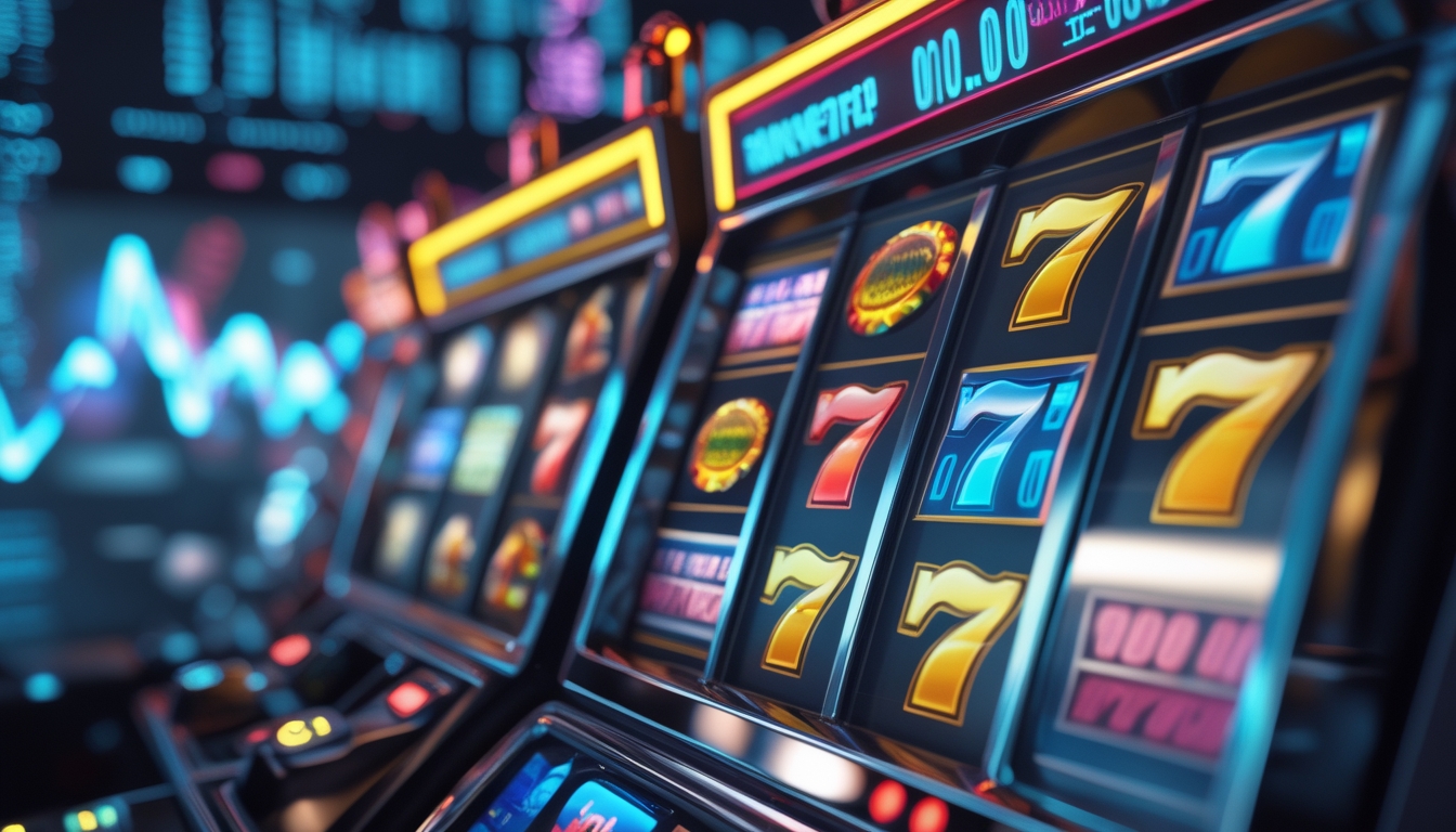 Mesin slot digital modern dengan gulungan berwarna-warni, dikelilingi oleh representasi alur data dan simbol kemenangan.