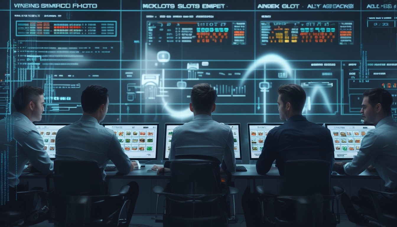 Sekelompok profesional sedang menganalisis data dan grafik permainan slot online modern di kantor teknologi.