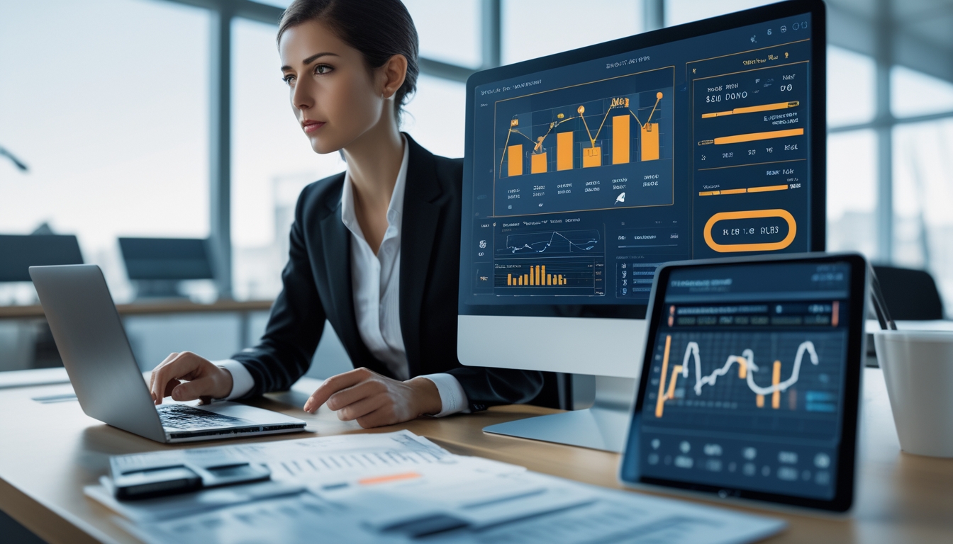 Seorang wanita profesional sedang menganalisis data slot online di layar komputer di ruang kerja modern.