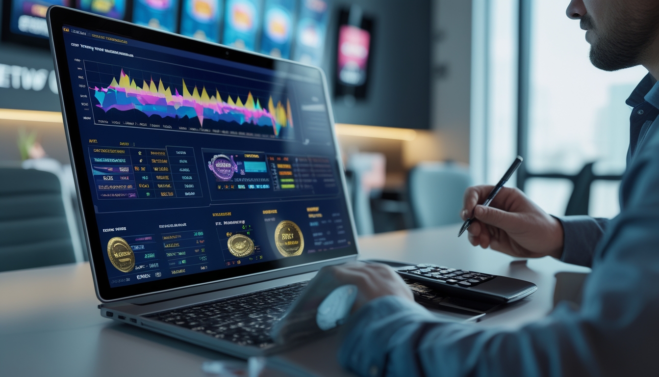 Seorang profesional sedang menganalisis grafik dan data pada layar komputer yang menampilkan informasi terkait permainan slot online di ruang kantor yang terang.