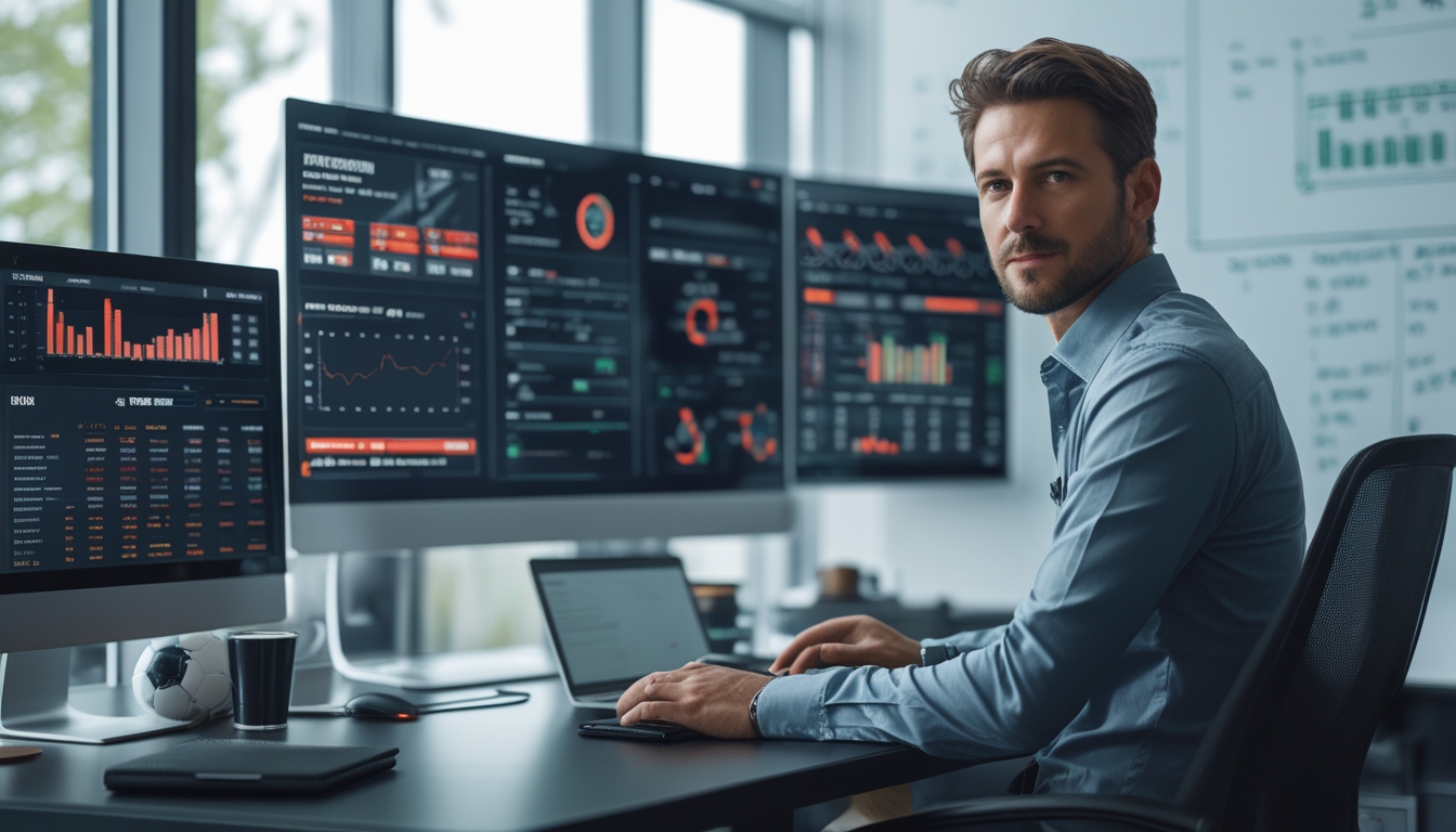 Seorang analis data sedang bekerja dengan beberapa monitor yang menampilkan statistik dan grafik sepak bola di sebuah kantor modern.