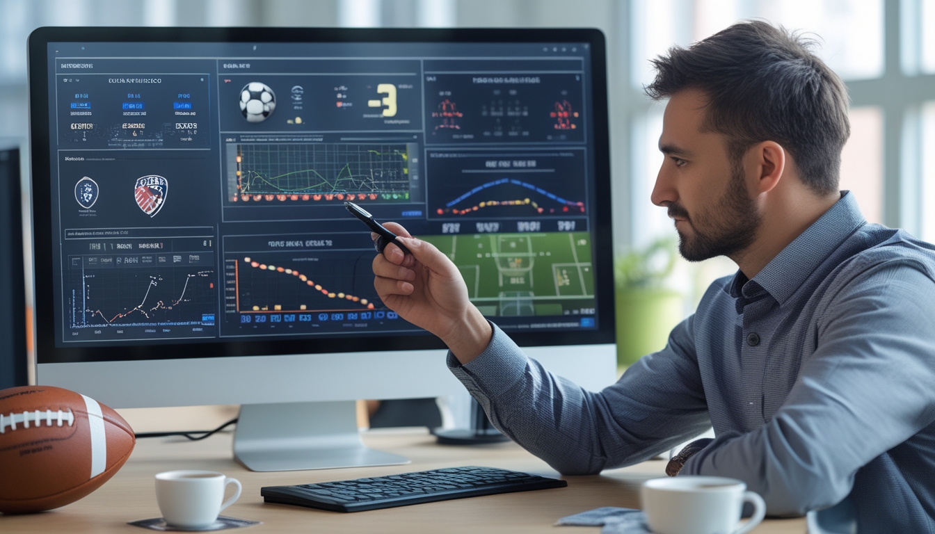 Seorang profesional sedang menganalisis data sepak bola di depan komputer dengan grafik dan statistik, di meja terdapat bola sepak dan papan taktik.