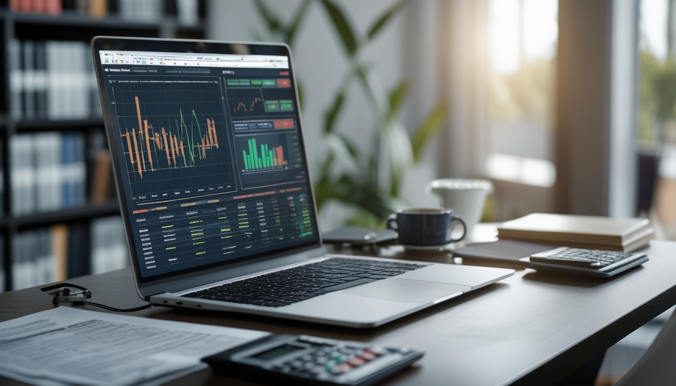 Meja kerja dengan laptop yang menampilkan grafik statistik taruhan, kalkulator, dan dokumen di sekitar, menciptakan suasana analisis dan perencanaan strategi.