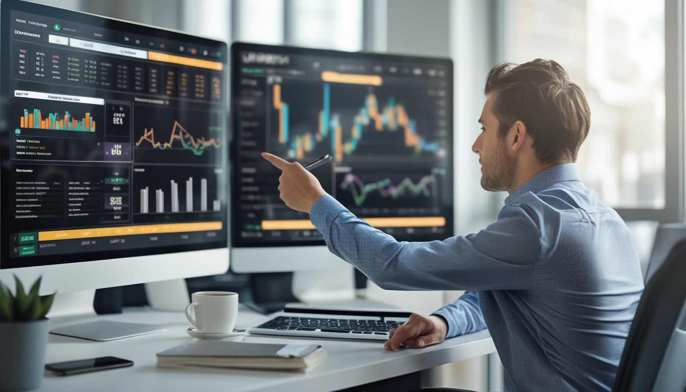 Seorang pria di ruang kerja modern sedang menganalisis data pertandingan olahraga di layar komputer dengan grafik dan angka.